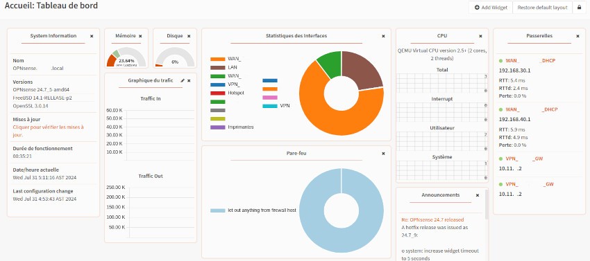Nouveau tableau de bord OPNsense