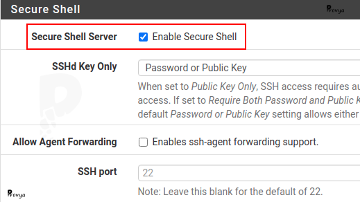 Activer le serveur SSH de pfSense - Provya